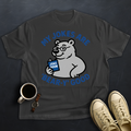 Gray t-shirt with bear graphic and text 'My jokes are bear-y good' on a dark textured background.